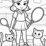 Girl, cats, tennis coloring page