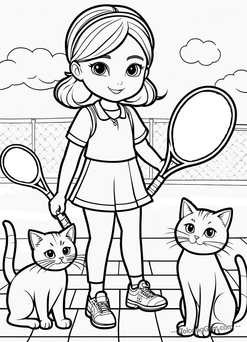 Girl, cats, tennis coloring page